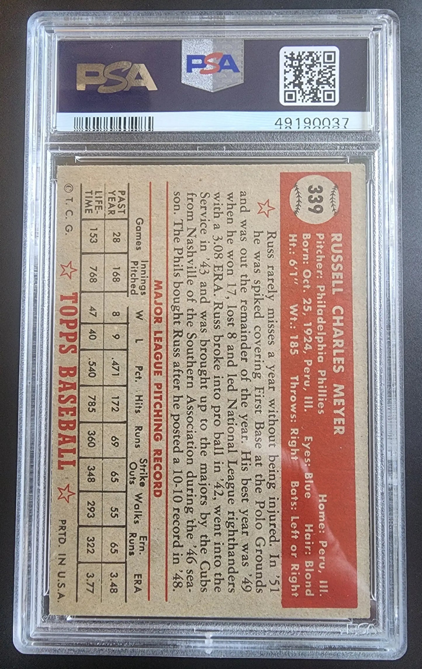 PSA-graded Russ Meyer 1952 Topps #339 baseball card back in protective case