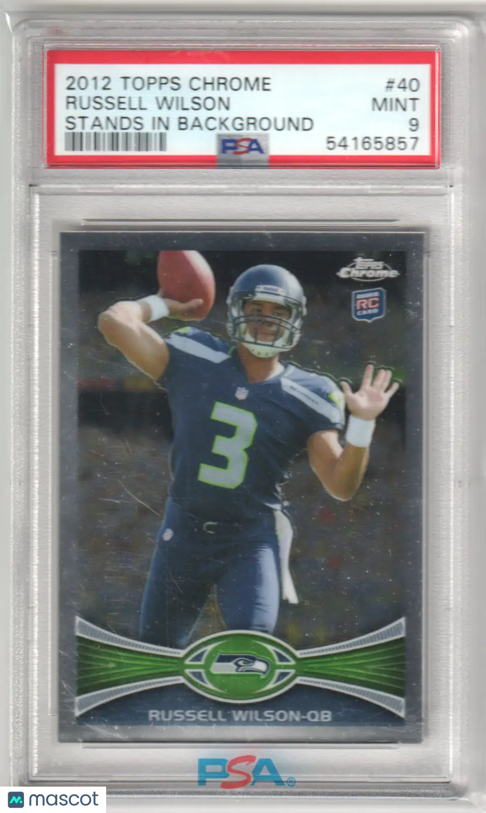A graded 2012 Topps Chrome Russell Wilson football card from Columbia Hobby in PSA 9 Mint grade