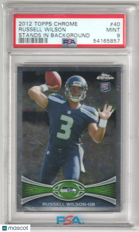 A graded 2012 Topps Chrome Russell Wilson football card from Columbia Hobby in PSA 9 Mint grade