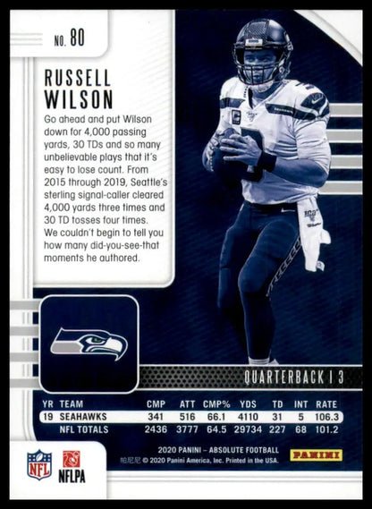 Back of a Russell Wilson Panini Absolute football trading card from 2020 Seattle Seahawks
