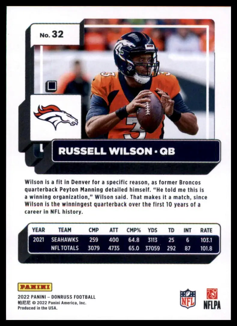 Russell Wilson football card from 2022 Donruss Denver Broncos collection