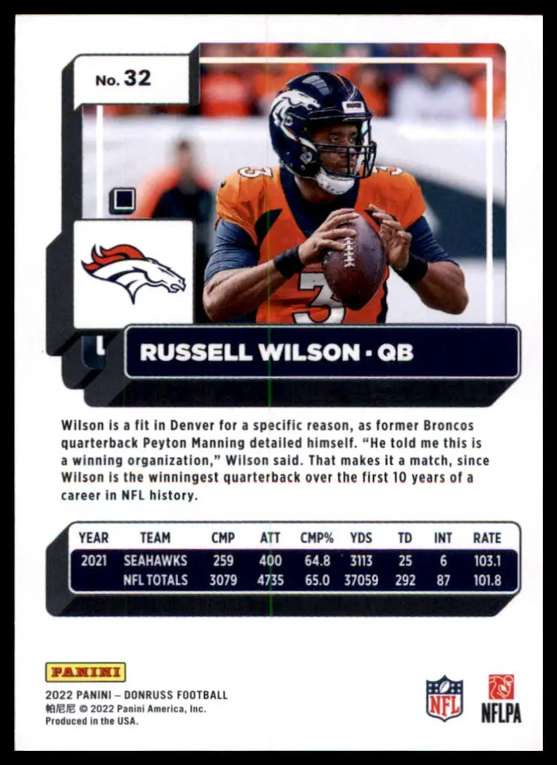 Russell Wilson football card from 2022 Donruss series featuring Denver Broncos player