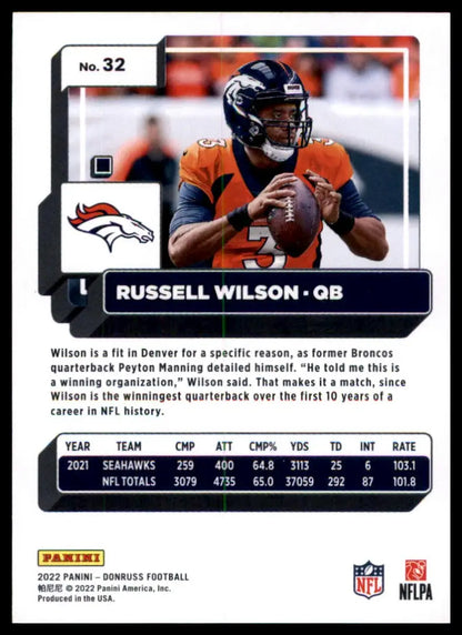 Russell Wilson football card from 2022 Donruss series featuring Denver Broncos player