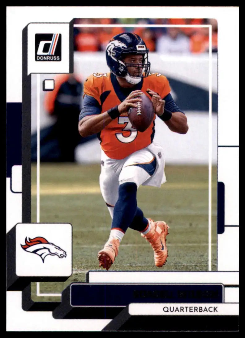 Football trading card featuring Russell Wilson from the 2022 Donruss Denver Broncos series