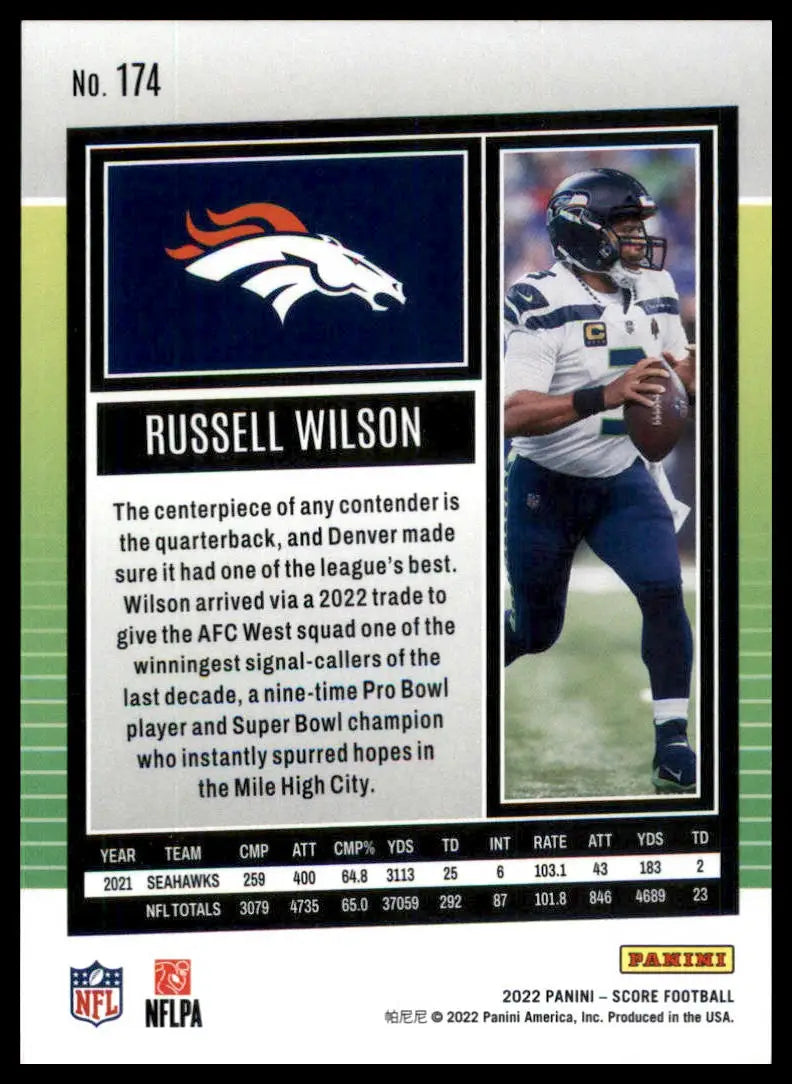 Russell Wilson football card from 2022 Score series featuring Denver Broncos player