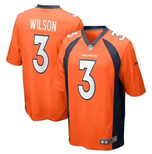 Two orange Denver Broncos Russell Wilson Nike Game Jerseys on display