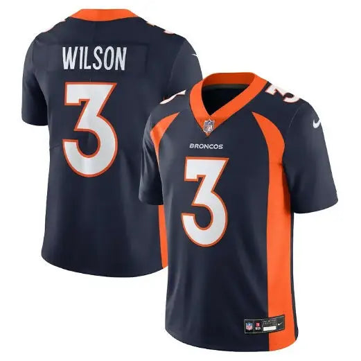 Denver Broncos Russell Wilson navy blue and orange Nike Vapor Untouchable Limited football jersey with number 3