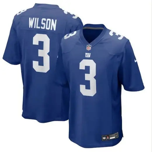 Two blue New York Giants Nike game jerseys with Wilson and number 3 on back
