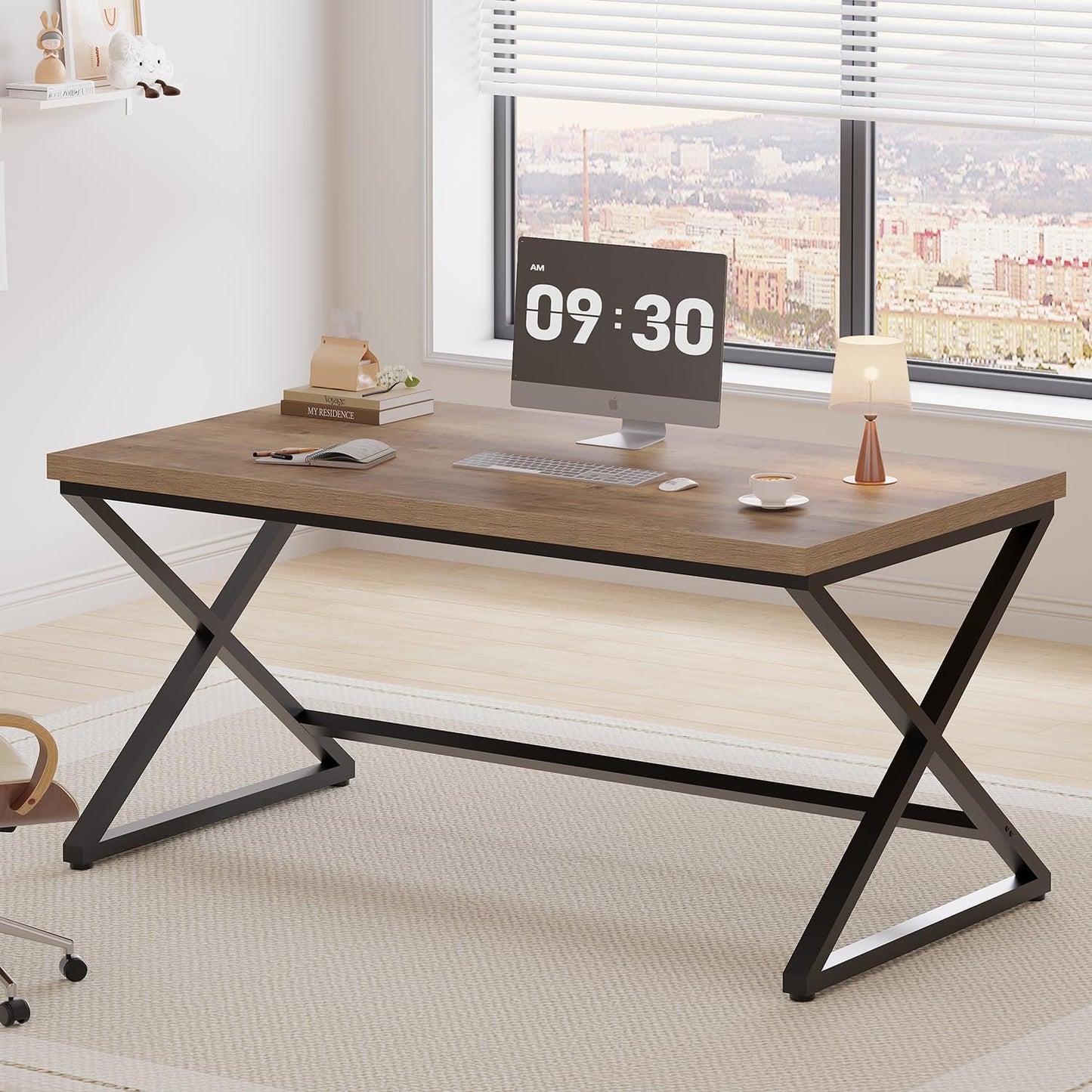 Rustic Computer Desk, Modern Metal Home Office Desk, Farmhouse Work Study Writing Desk in Bedroom, Minimalist Wood Laptop Executive Workstation Computer PC Gaming Table, Rustic Oak, 55 In-3