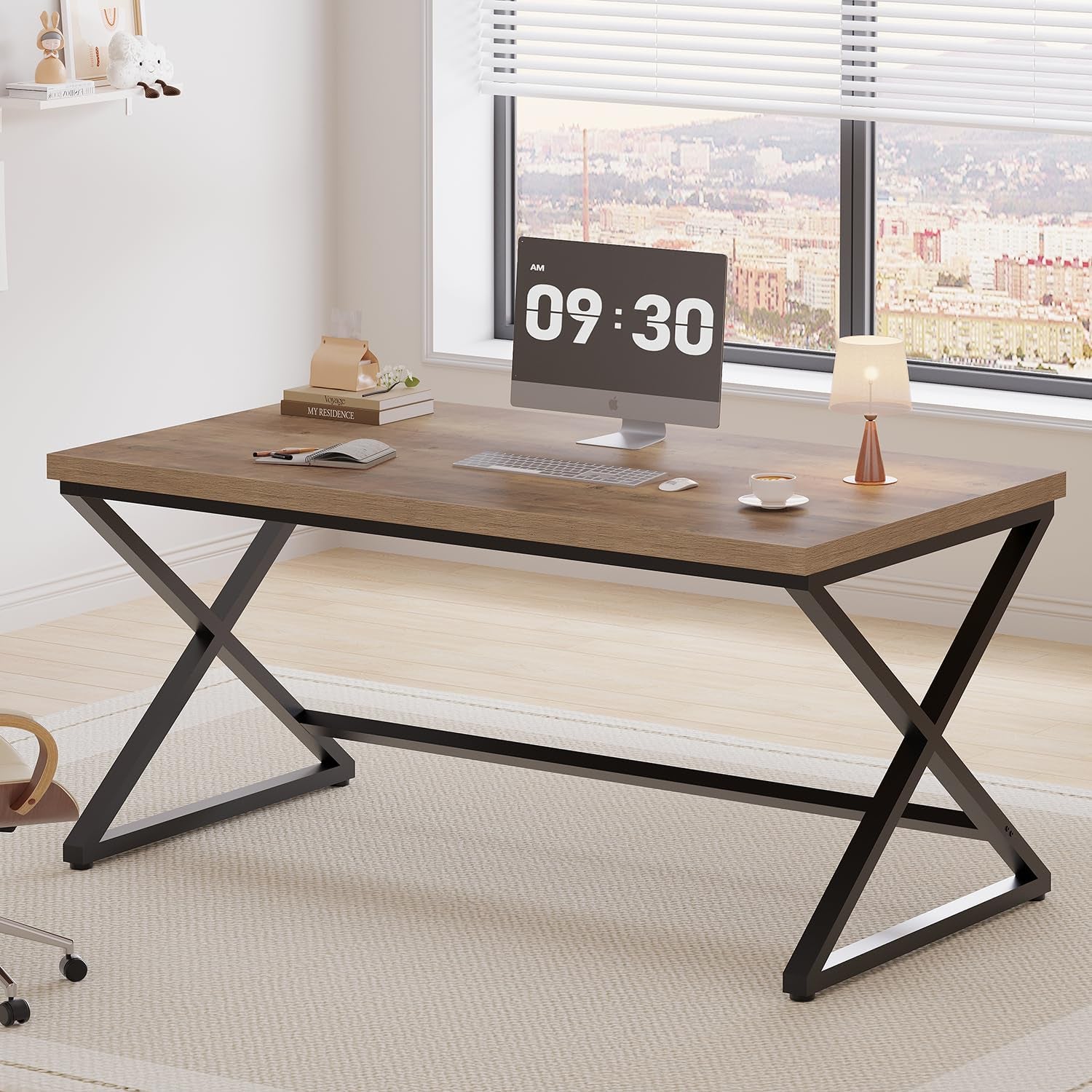 Rustic Computer Desk, Modern Metal Home Office Desk, Farmhouse Work Study Writing Desk in Bedroom, Minimalist Wood Laptop Executive Workstation Computer PC Gaming Table, Rustic Oak, 55 In-3