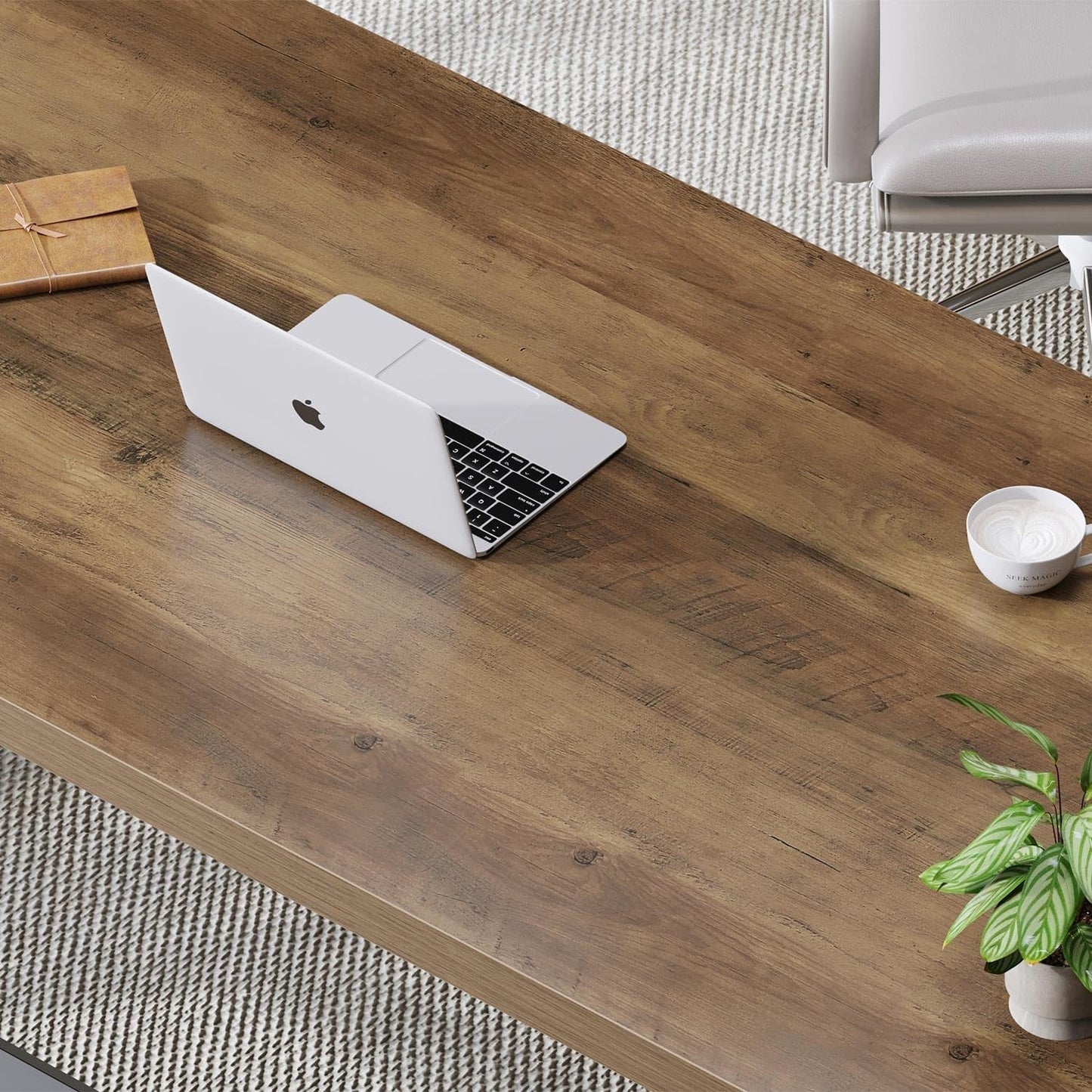 Rustic Computer Desk, Modern Metal Home Office Desk, Farmhouse Work Study Writing Desk in Bedroom, Minimalist Wood Laptop Executive Workstation Computer PC Gaming Table, Rustic Oak, 55 In-4