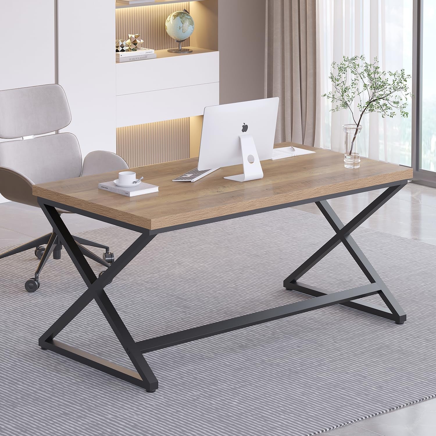 Rustic Computer Desk, Modern Metal Home Office Desk, Farmhouse Work Study Writing Desk in Bedroom, Minimalist Wood Laptop Executive Workstation Computer PC Gaming Table, Rustic Oak, 55 In-0