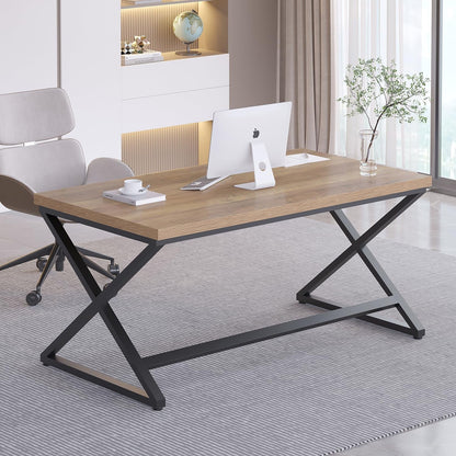 Rustic Computer Desk, Modern Metal Home Office Desk, Farmhouse Work Study Writing Desk in Bedroom, Minimalist Wood Laptop Executive Workstation Computer PC Gaming Table, Rustic Oak, 55 In-0