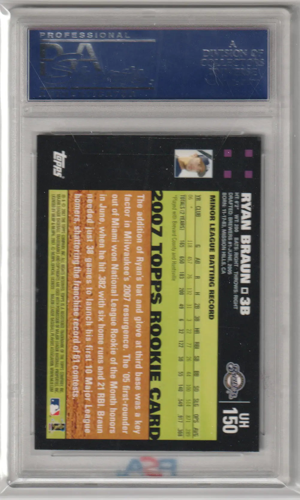 Graded Ryan Braun rookie card from Topps Update, PSA 8 NM-MT, Columbia Hobby