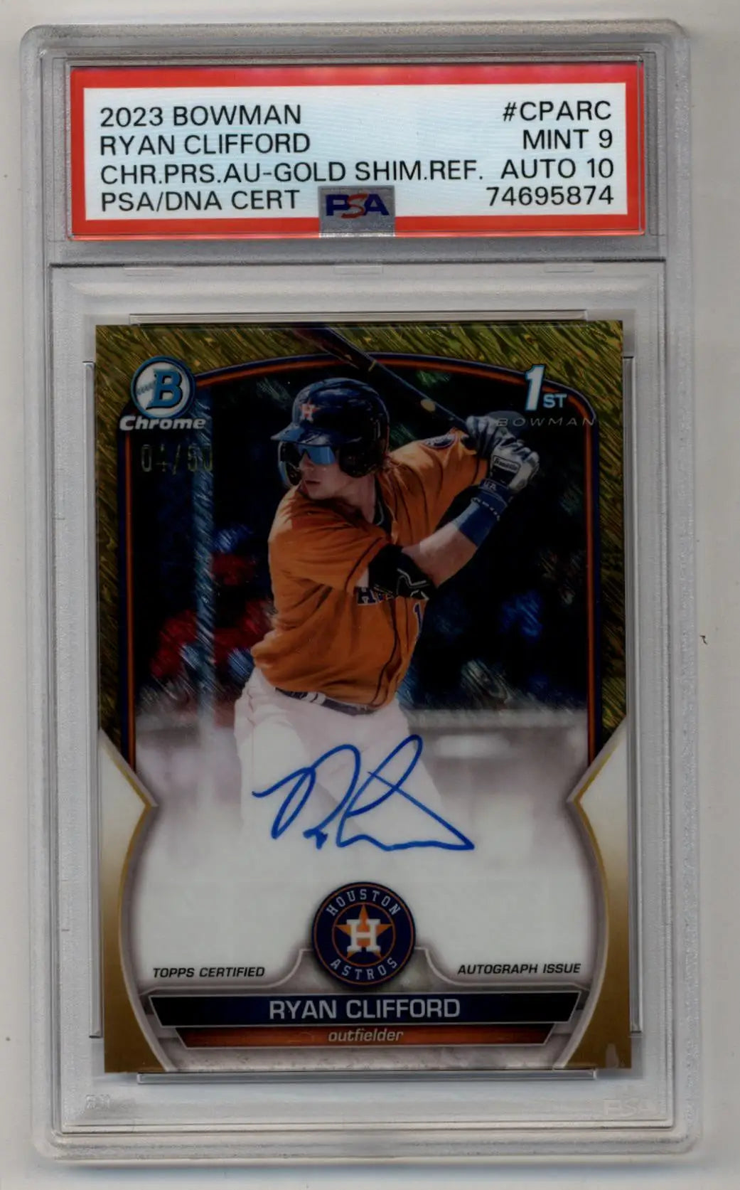 Graded 2023 Bowman Chrome Prospect Auto Gold Shimmer Ryan Clifford baseball card