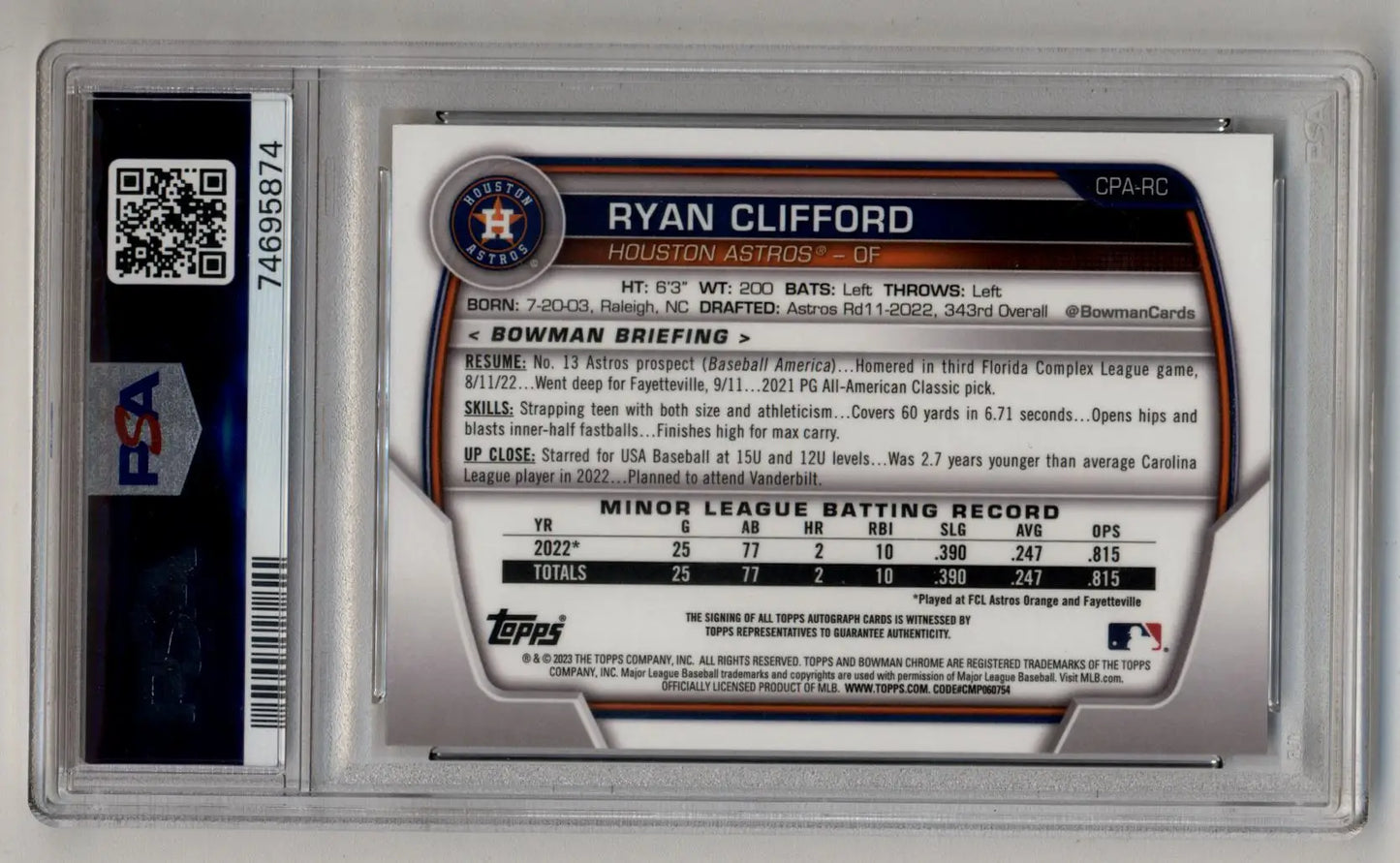 Graded Ryan Clifford Bowman Chrome Prospect Auto Gold Shimmer baseball card PSA 9