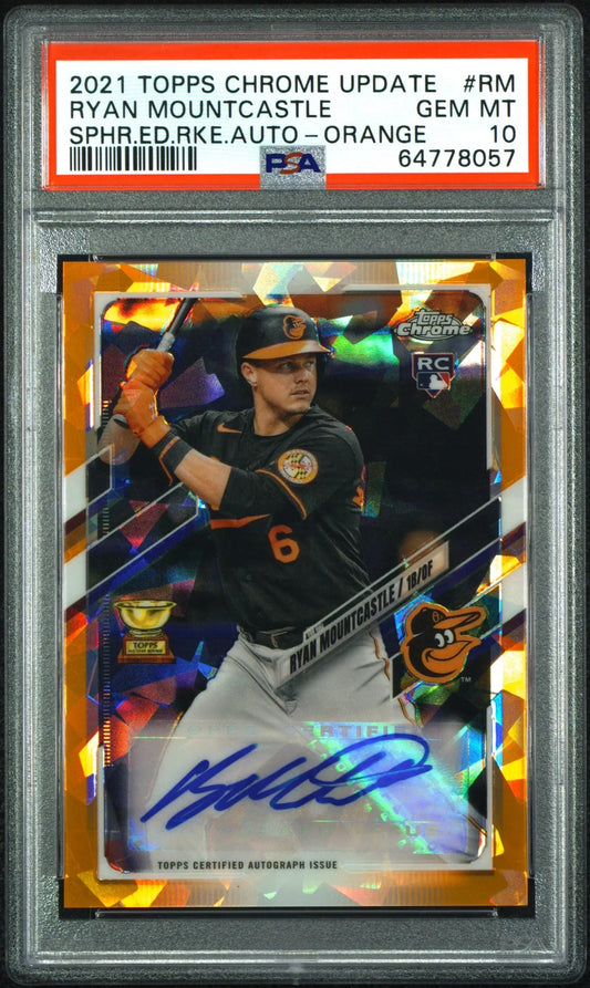 PSA-graded Ryan Mountcastle 2021 Topps Chrome Update Sapphire Orange autographed card