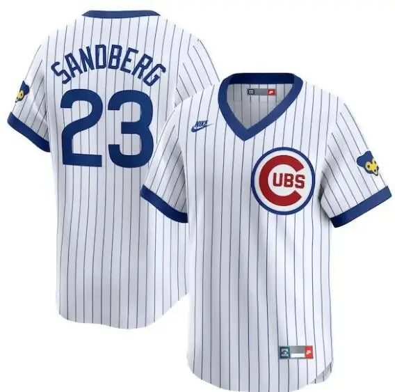 White pinstripe baseball jersey from Ryne Sandberg Chicago Cubs Nike Throwback Cooperstown Limited series