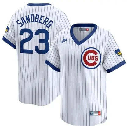 White pinstripe baseball jersey from Ryne Sandberg Chicago Cubs Nike Throwback Cooperstown Limited series