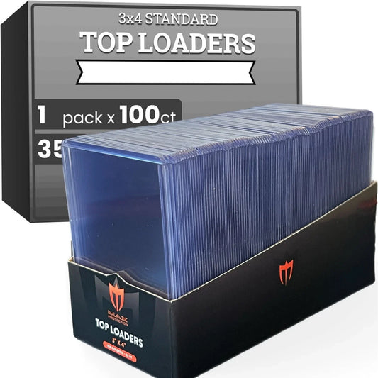 Stack of clear plastic card protectors for Max Pro trading card rigid toploaders