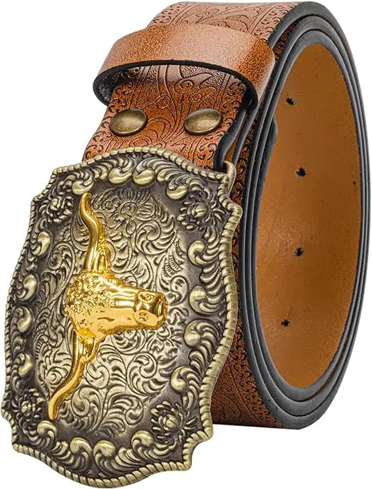 FGSS Men-Classic-Leather-Belts - Vintage-Western-Cowboy Embossed-Belts with Longhorn-Bull-Buckle for Women-Jeans-Pants