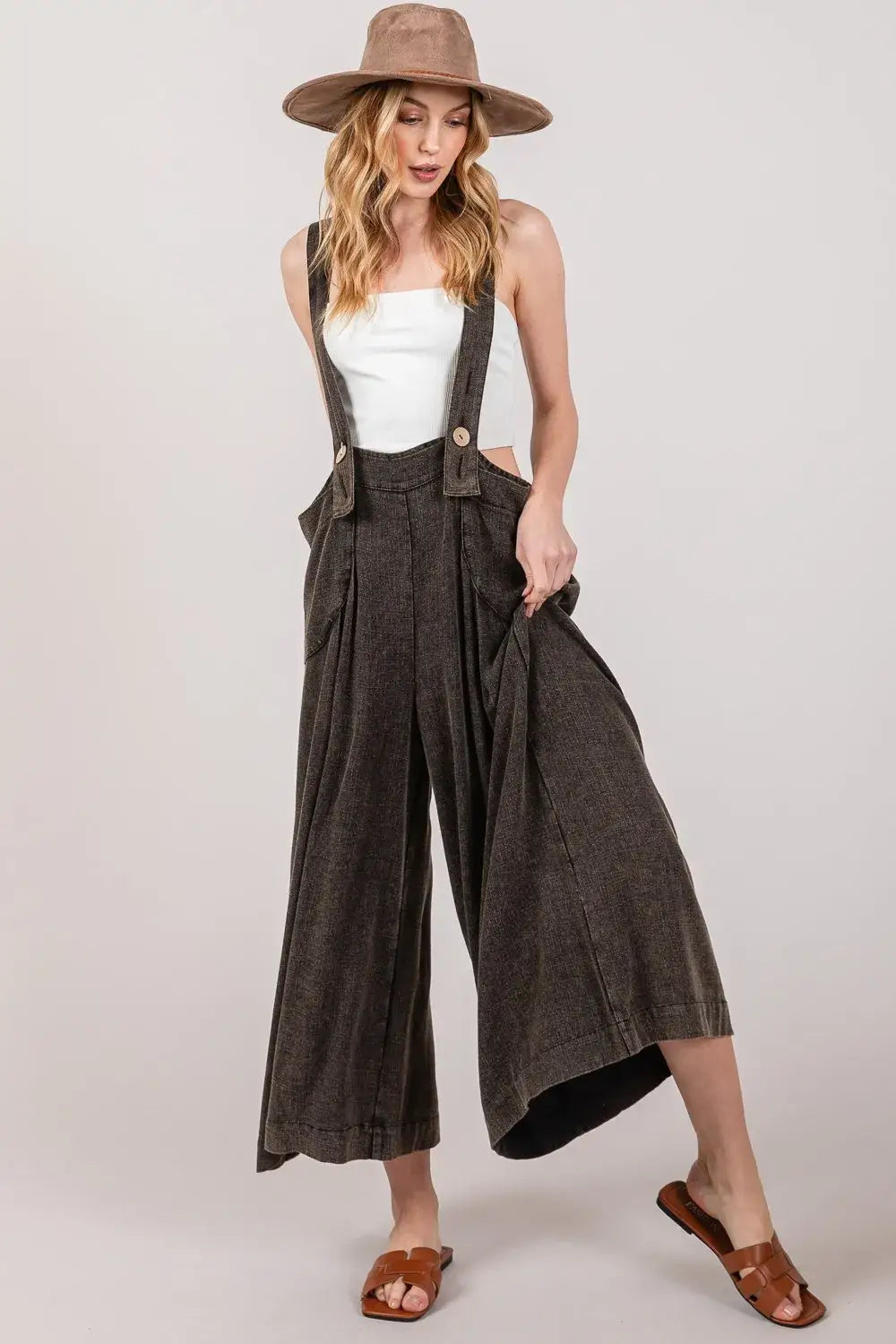 Brown corduroy wide strap wide leg overalls with suspenders and pockets for SAGE + FIG
