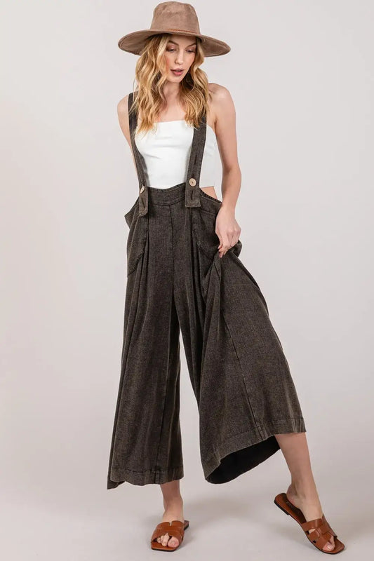 Brown corduroy wide strap wide leg overalls with suspenders and pockets for SAGE + FIG