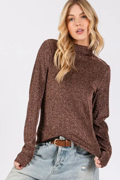 SAGE + FIG Glitter Mock Neck Lettuce Hem Long Sleeve Top