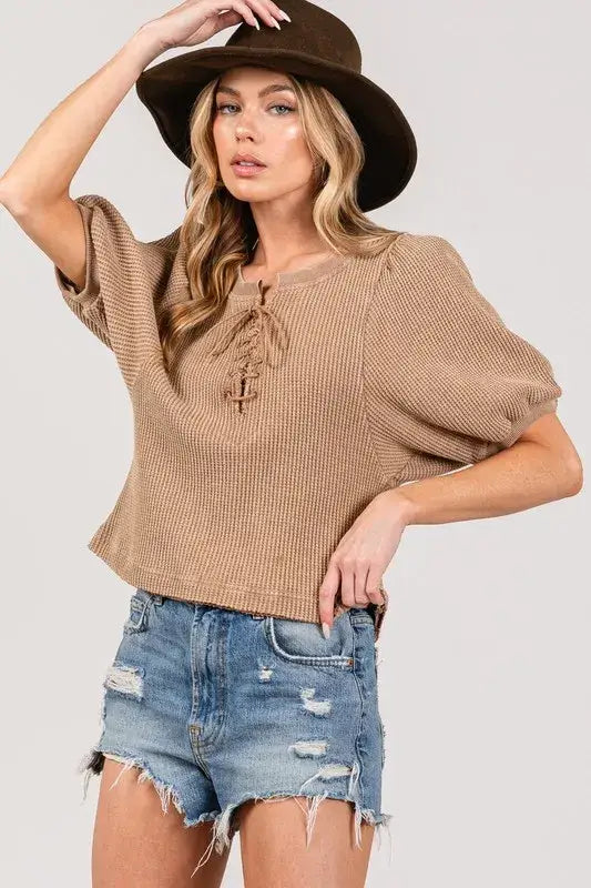 SAGE + FIG Lace-Up Waffle Knit Crop Top