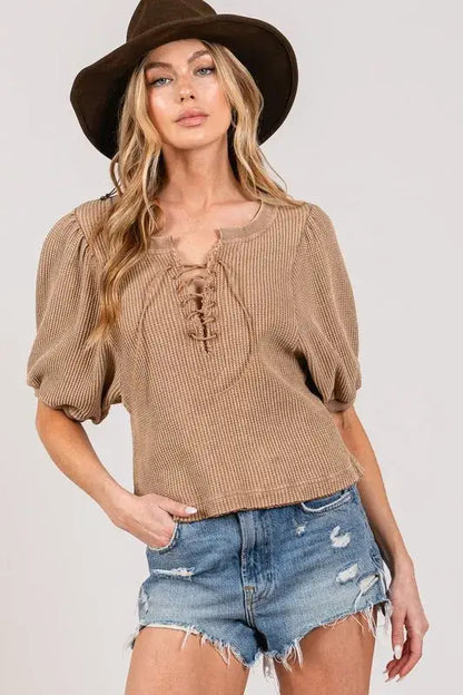SAGE + FIG Lace-Up Waffle Knit Crop Top - Camel / S