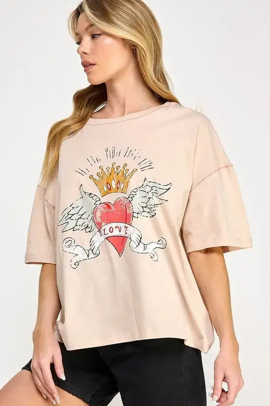 Beige love-inspired graphic oversized T-shirt with heart crown and wings design