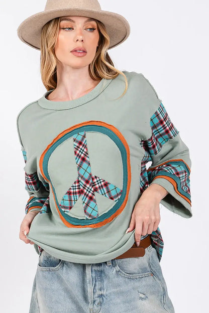 SAGE + FIG Peace Applique Patch Contrast Plaid Top