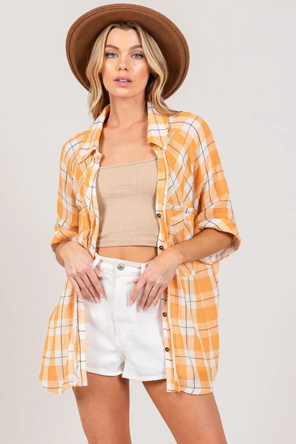 SAGE + FIG Plaid Button Up Side Slit Shirt - APRICOT / S