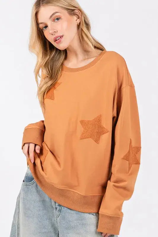 Brown SAGE + FIG Star Patch Long Sleeve Sweatshirt with suede-like texture and relaxed fit