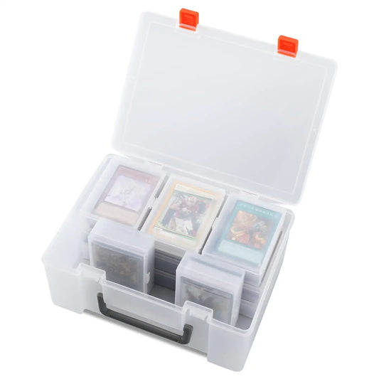 Open translucent plastic card storage box for trading card collection and organization