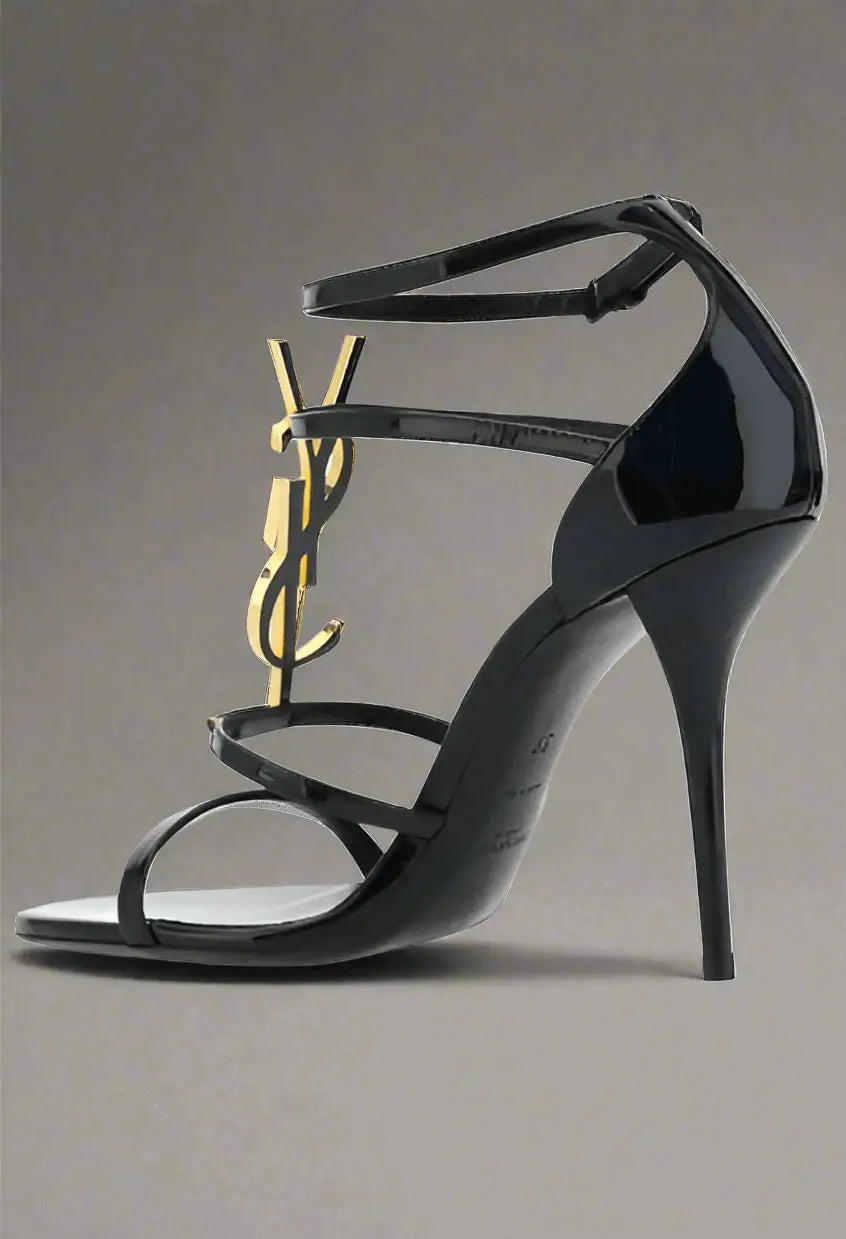 Saint Laurent black patent leather high-heeled sandal with gold Laurent black logo