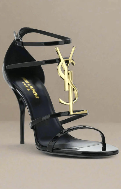 Saint Laurent black patent leather stiletto sandals with gold Laurent black logo