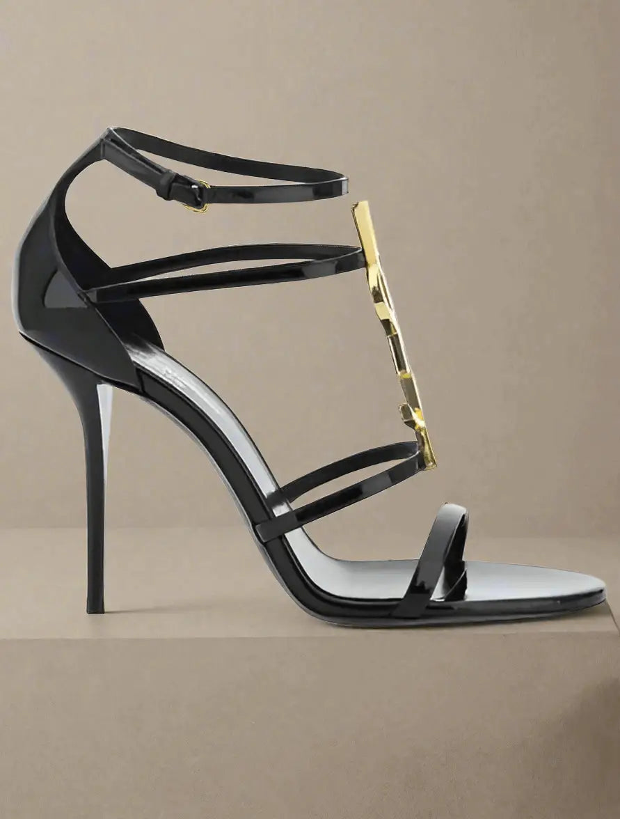 Saint Laurent black patent leather high-heeled sandals with gold-tone Laurent black logo