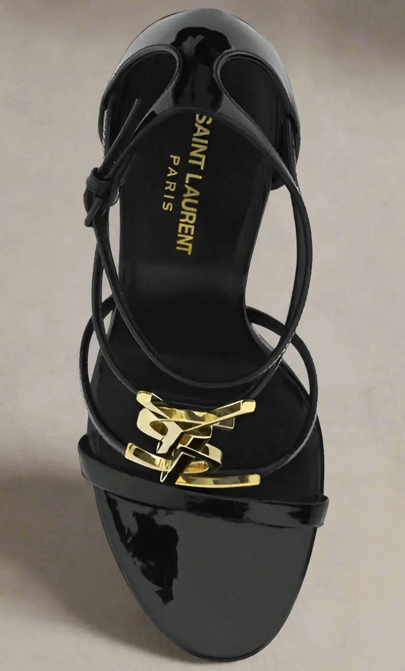 Saint Laurent black patent leather high-heeled sandals with gold Laurent black logo