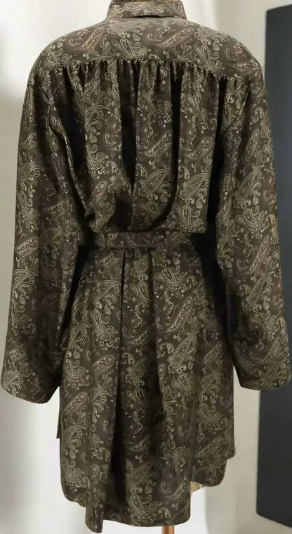Dark green paisley print long-sleeved certified silk short dress with tie belt by SAINT LAURENT