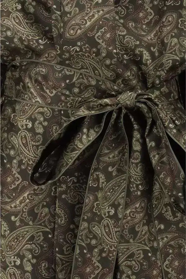 Dark olive green paisley short dress in certified silk with tied sash by SAINT LAURENT