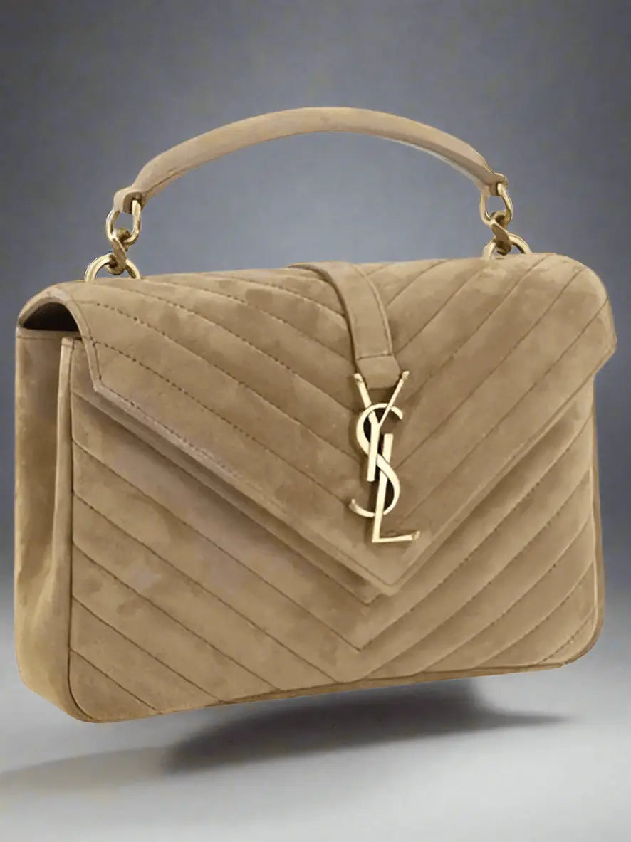 Saint Laurent beige suede quilted college handbag with gold YSL logo and top handle