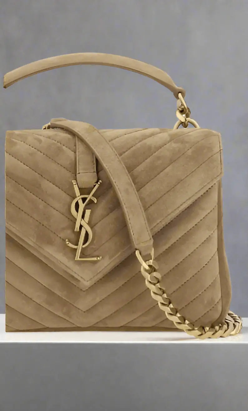 Saint Laurent brown college handbag with suede material chevron quilted pattern and gold YSL logo