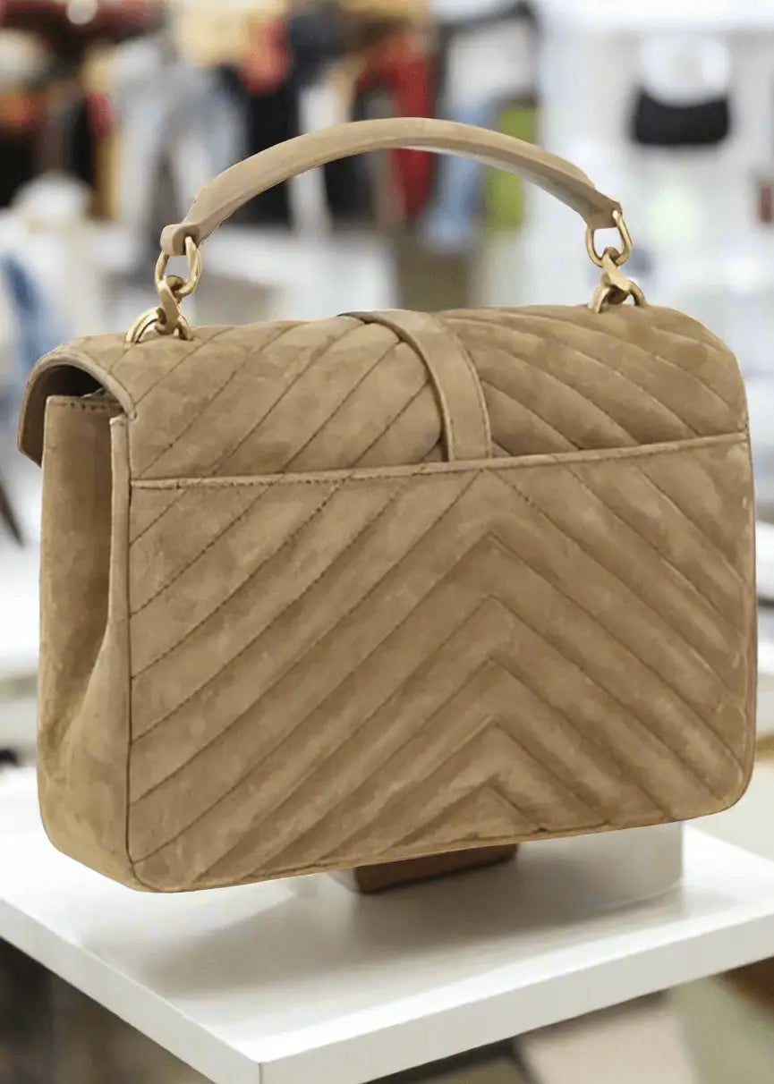 Saint Laurent brown college handbag with tan suede quilted design and gold-tone hardware