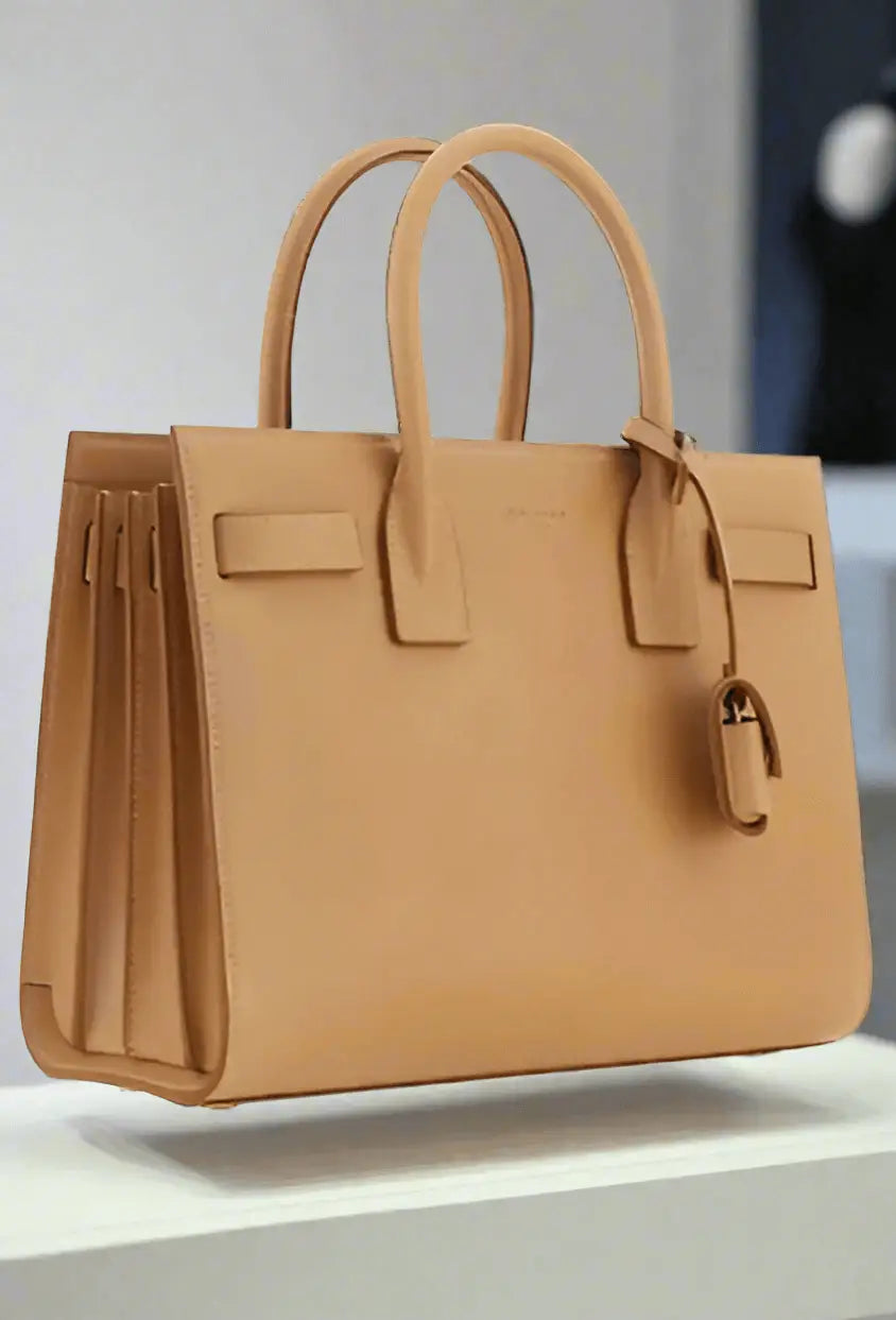 Saint Laurent brown leather handbag with two top handles and attached key holder