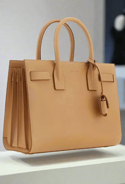 Saint Laurent brown leather handbag with two top handles and attached key holder