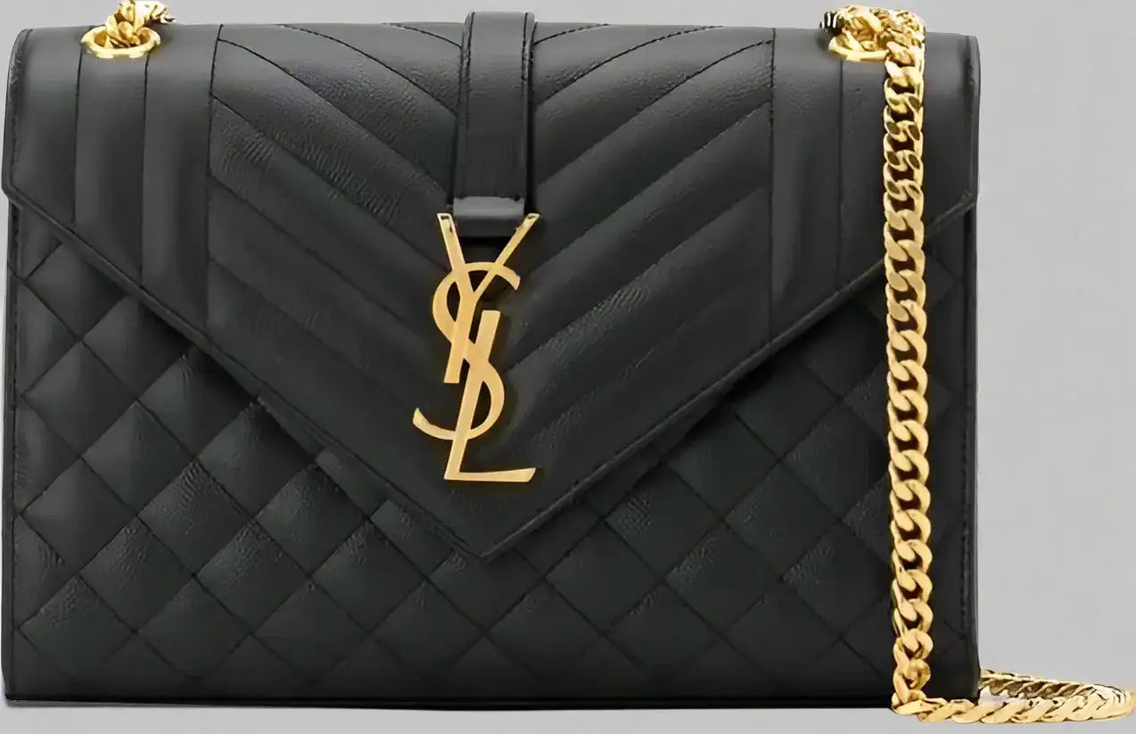 Black quilted leather Saint Laurent Envelope Medium Bag with gold chain strap and YSL logo