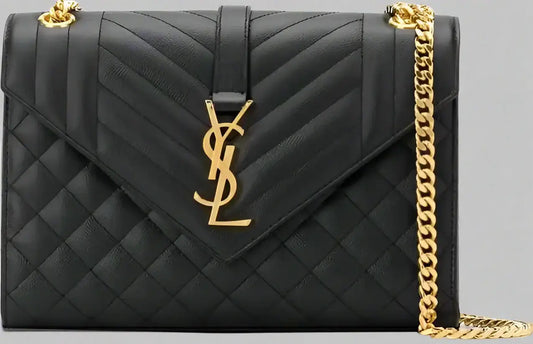 Black quilted leather Saint Laurent Envelope Medium Bag with gold chain strap and YSL logo