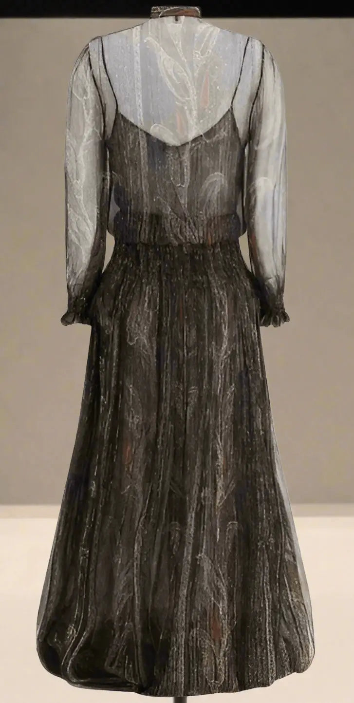 Saint Laurent Long Lavallière Dress in dark sheer evening gown with gathered waist