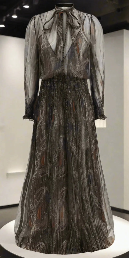 Sheer dark gray Saint Laurent Long Lavallière Dress with long sleeves and silver embellishments